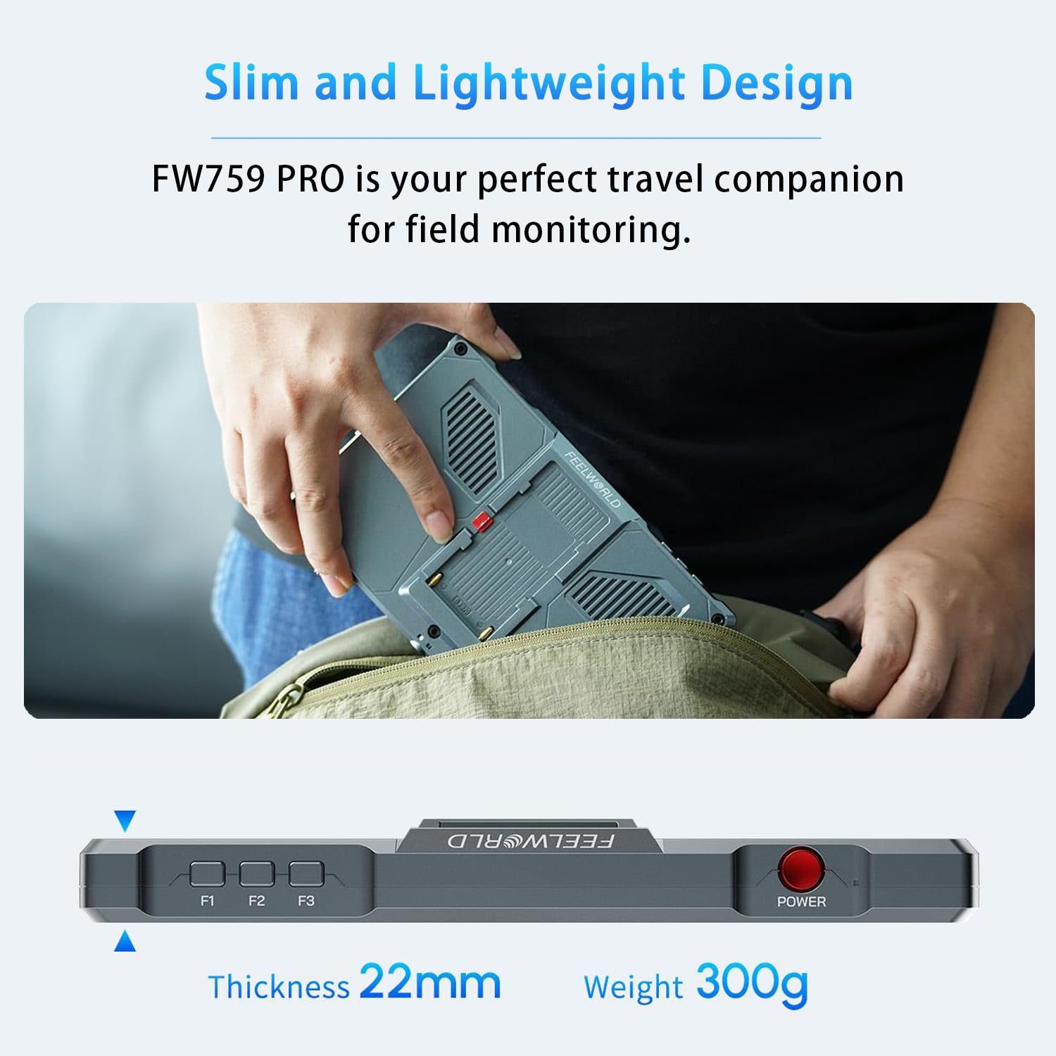 FEELWORLD FW759 Pro Ekran dotykowy do kamery Monitor polowy 7 cali Peaking Video Assist, 300g, 4K HDMI 1280X800 Kompatybilny z DSLR z daszkiem, uchwyt na DC, Type-C i NP-F Zasilanie