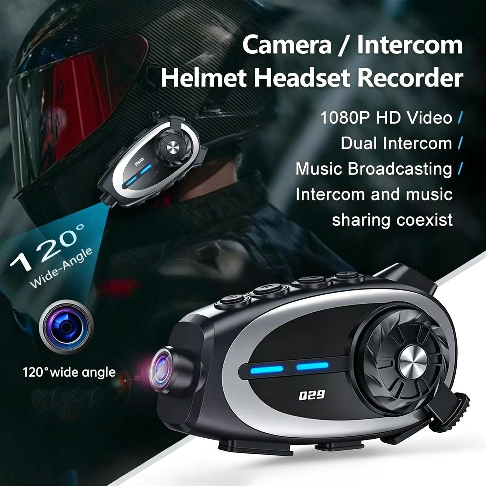 Elprico Fotocamera con Auricolare Bluetooth per Casco da Moto, Ricarica Rapida 1080P IPX6, Riduzione del Rumore con Doppio Microfono, Batteria da 1500 MAh, Altoparlanti da 40 Mm, PC ABS,