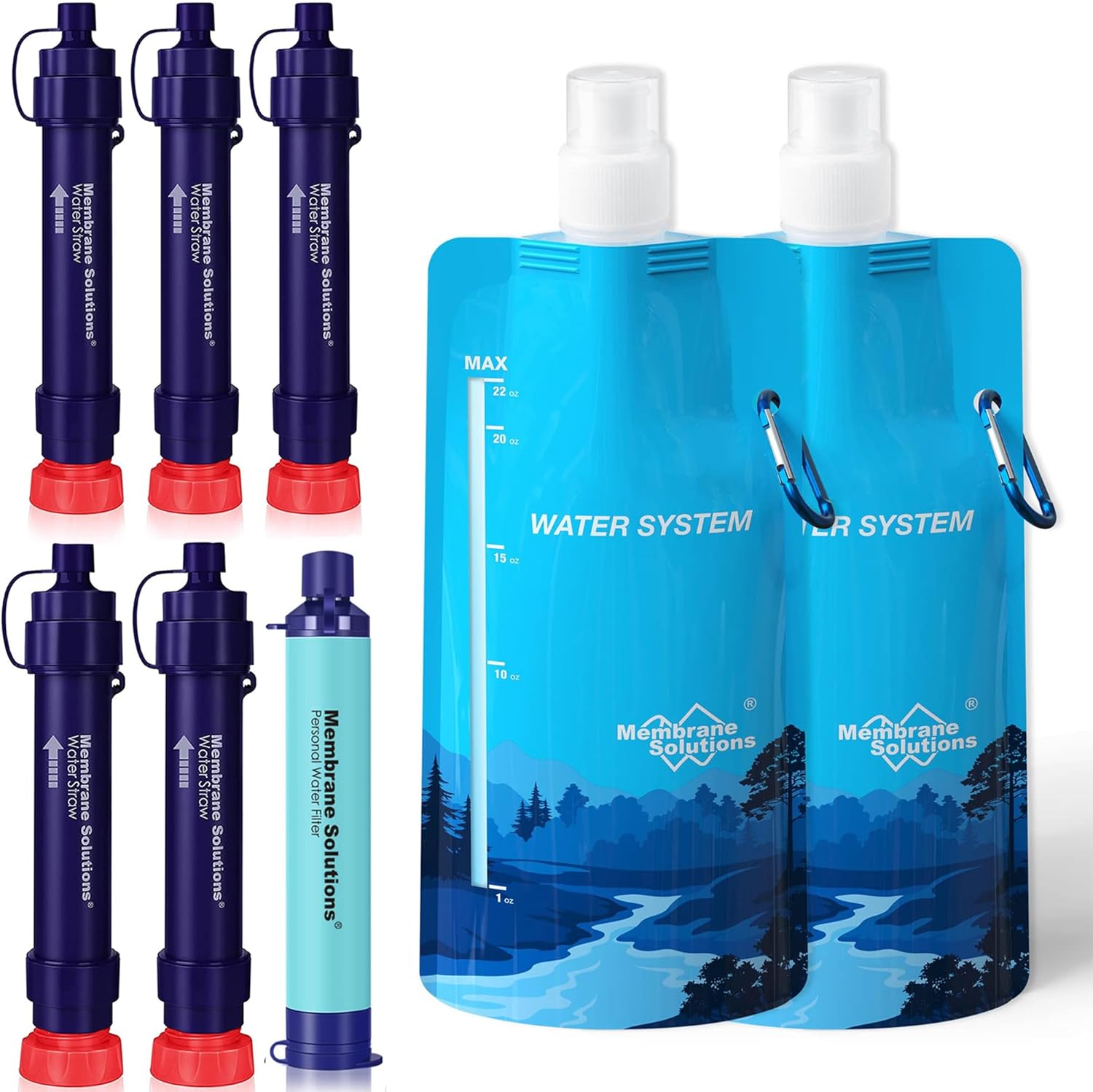 Membrane Solutions S2 Detachable Water Filter Straw (Pack of 5) with 23oz Collapsible Squeezable Water Filtration System