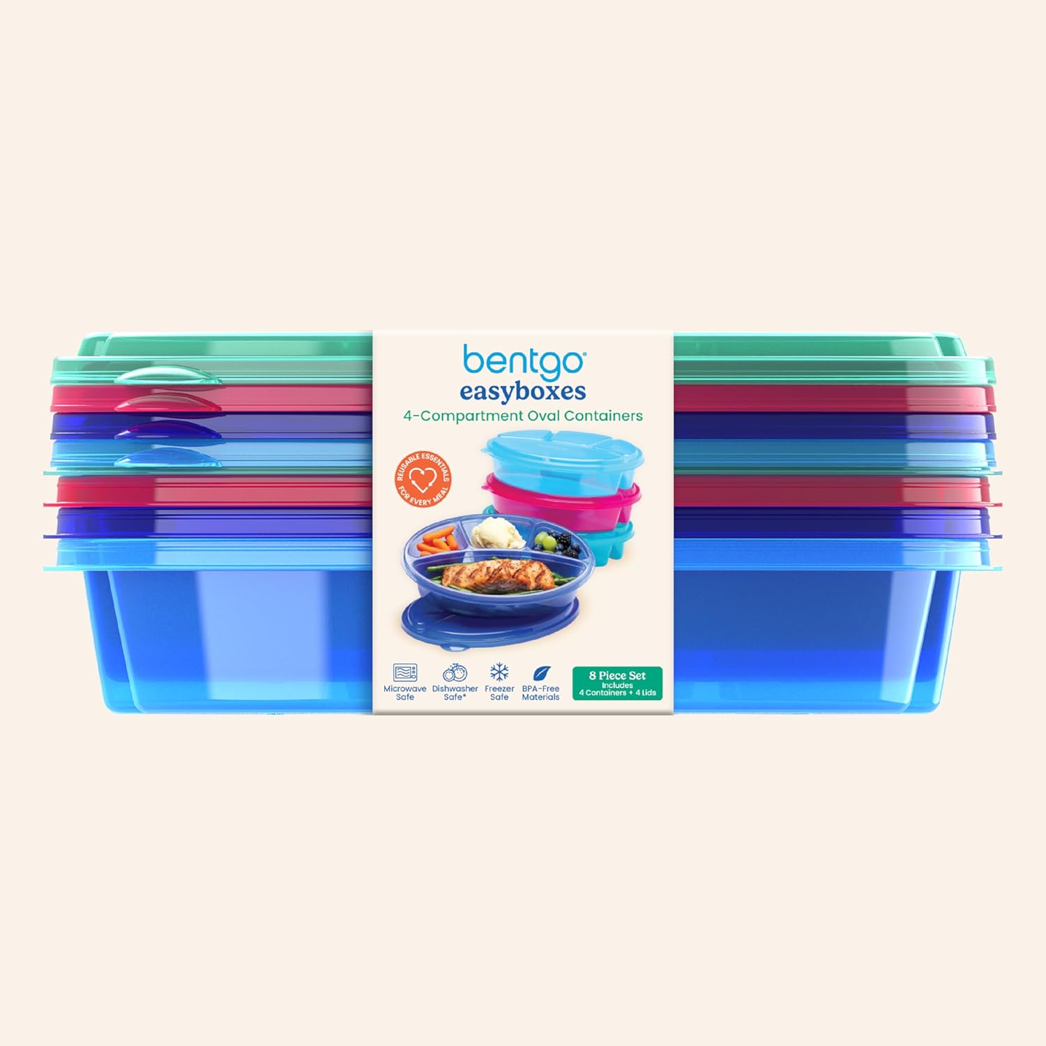 Bentgo Easyboxes 4-Compartment Oval Containers - Patented Design 8-Piece Set; 4 Trays & 4 Fitted Lids Seal in Freshness; Reusable Food Storage & Meal Prep BPA-Free Containers (Jewel Brights) - Image 9