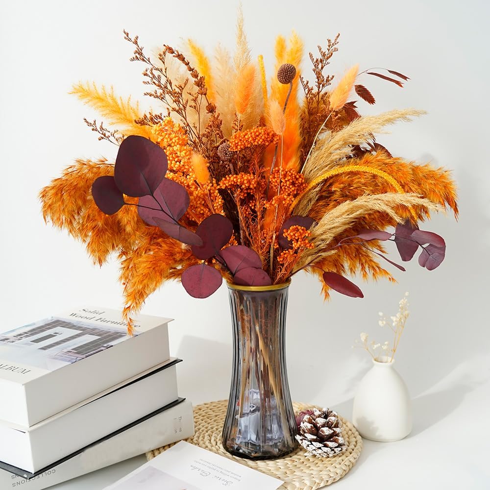 Natural Dried Pampas Grass Bouquet,17" Natural Dried Flower Bouquet, Black Pampas and Thistle Flower Mixed Bouquet Bohemian Style Home Dried Flower Decoration