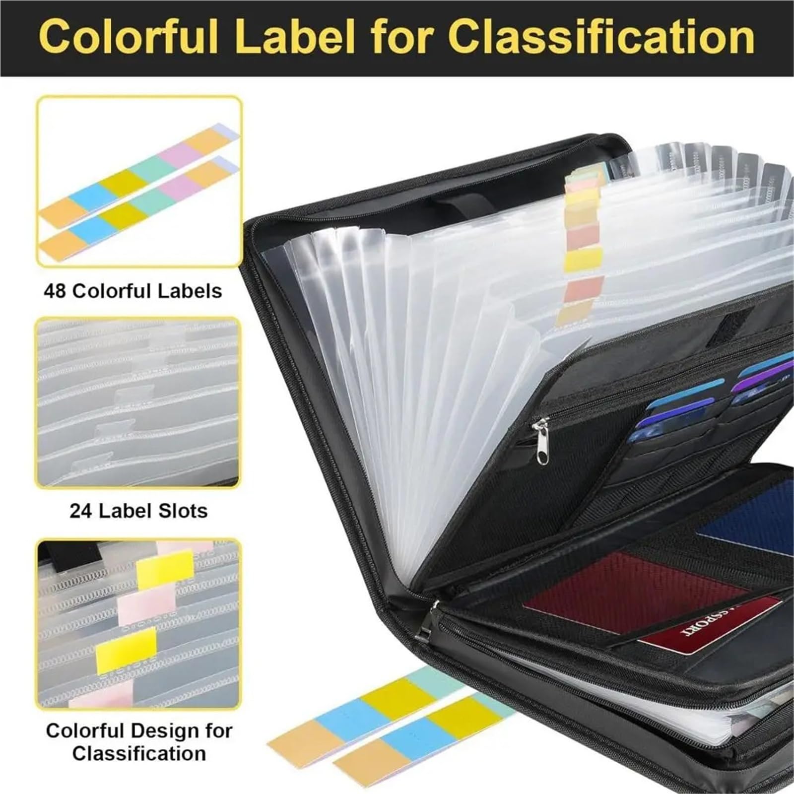 Porta Documenti Fireproof Accordion File Organizer | 13-Pocket Expanding Document Bag with Zipper and Labels, Portable(Black)