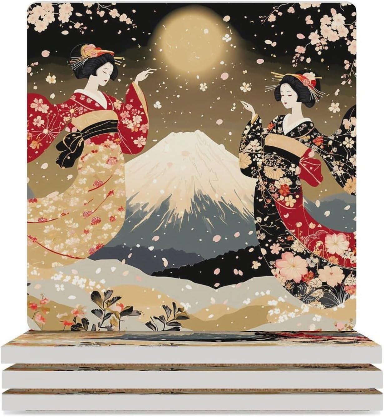 Geisha Dancing Moon Fuji Funny Ceramic Coasters for Drink Absorbent Cup Holders Tabletop Protection