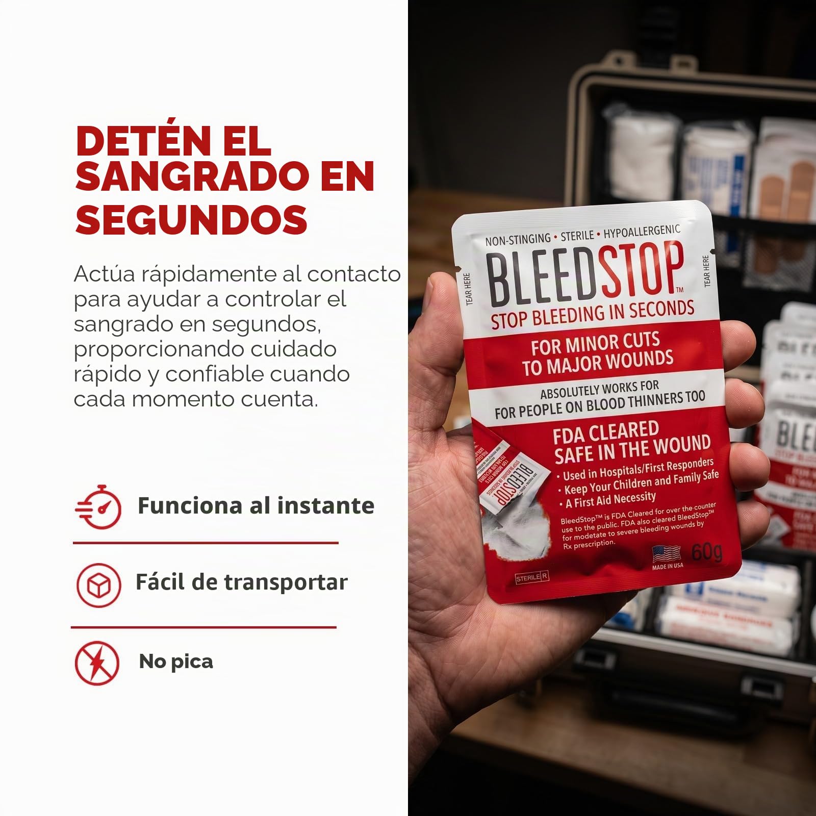 BleedStop Polvo de primeros auxilios para coagulación de la sangre, kit de traumatología para pacientes con anticoagulación, equipo de seguridad para camping y supervivencia, para heridas