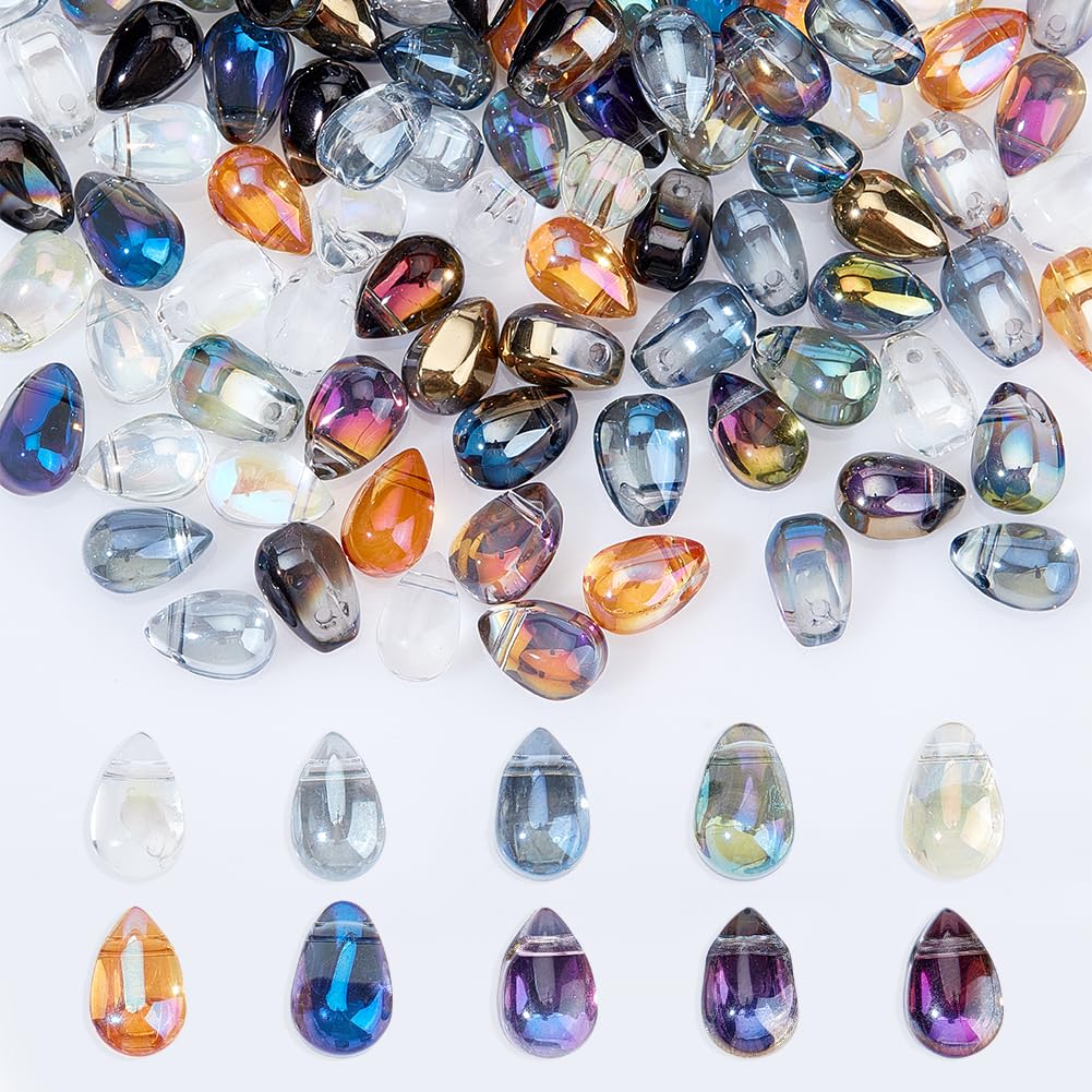AHANDMAKER 120 Pcs Teardrops Glass Pendants, Teardrop Glass Beads Top Drilled Beads, 10 Colors Waterdrop Beads Charms for DIY Necklace Bracelet Earrings Jewelry Making(0.33x0.20x0.22inch)