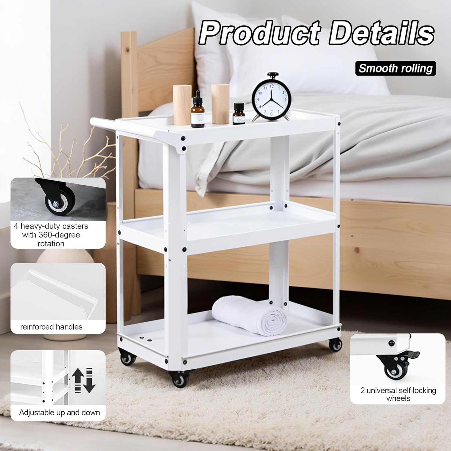 3 Tier Metal Utility Rolling Cart with Wheels, Heavy Duty Storage Organizer Trolley Cart for Kitchen, Bathroom, Office, Bedroom – Multi-Purpose 330Lbs Capacity Utility Cart on Wheels, White