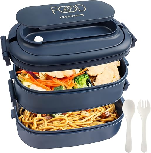 OITUGG Lunch Box 2 Layers – 1500 ml Lunch Box for Adults Office – Bento Box with Compartments and Cutlery – Lunch Boxes for School Children, BPA-Free, Microwave, 19.3 x 11.4 x 12 cm, Blue