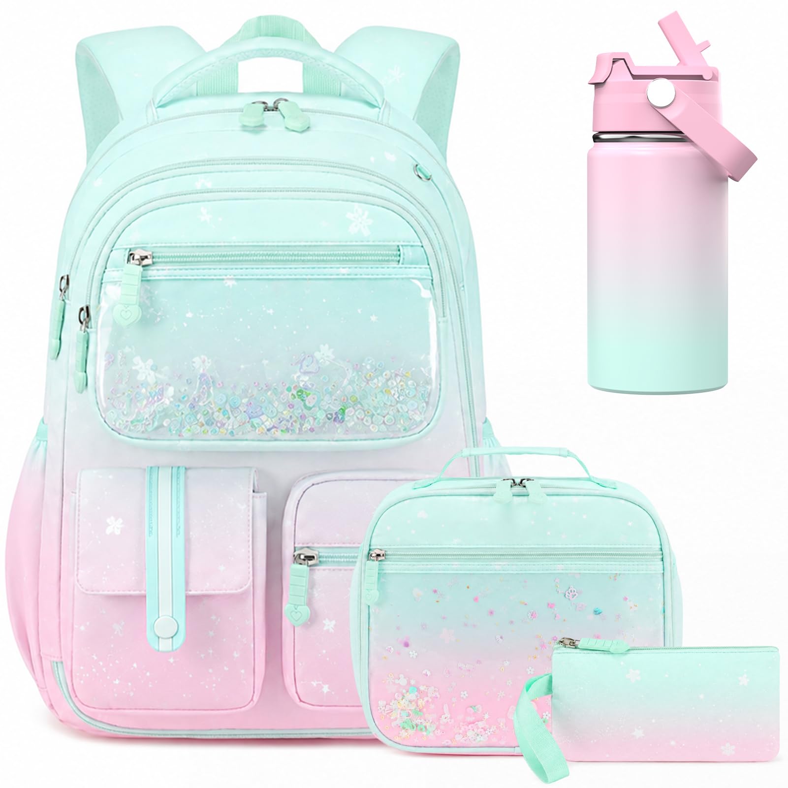 ACESAK Kids School Backpack for Girls, Mermaids Bookbag Backpack with 14OZ Water Bottle, Lunch Bag Set for GirlsTeens Middle Student, Girls Backpacks for School (Pink Green) Green Pink 4pcs Backpack with Water Bottle