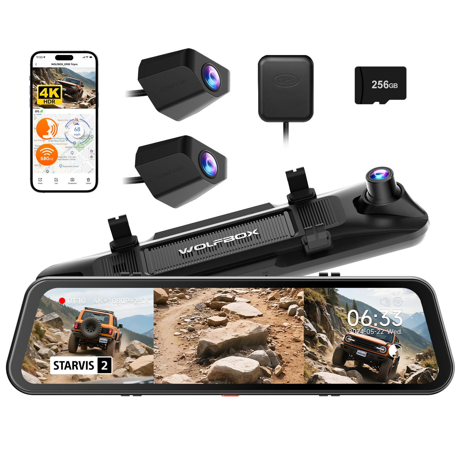 WOLFBOX G900 Tripro Bumper Version Dash Cam for Car, 3 Channel 4K Mirror Dashcam, 8MP STARVIS 2 IMX678, 4K+2.5K+1080P Car Dash Camera Front and Rear Bumper, 5.8GHz WiFi, Voice Control, 256GB Card, GPS