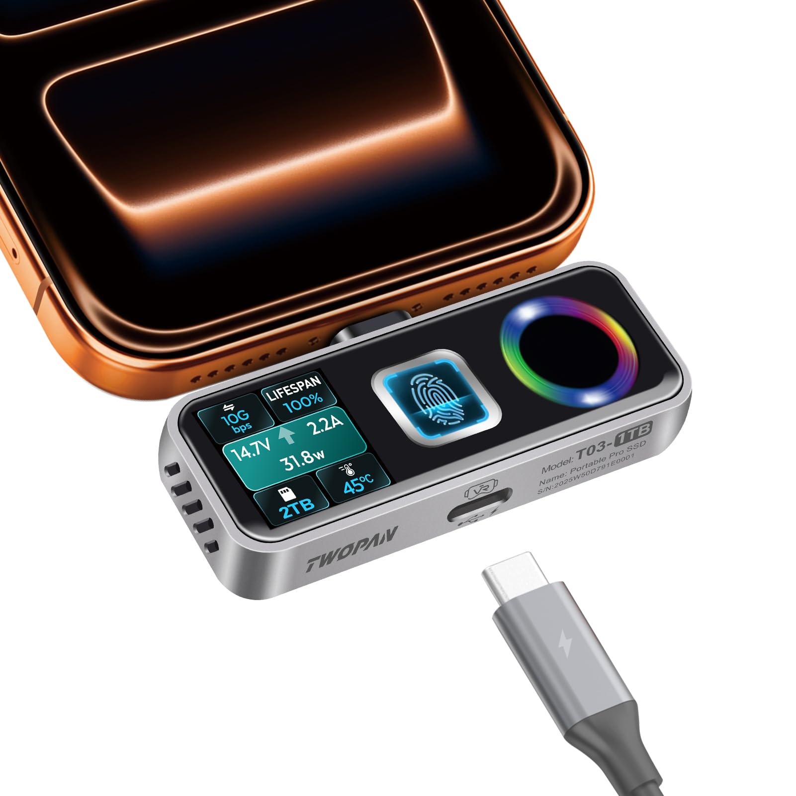 TWOPAN 1TB Magsafe Portable iPhone SSD with Fingerprint, Active Cooling Fan, 40W PD Charging/Display Port, 1050MB/s Read/Write, Support ProRes 4K 60fps Video, for iPhone 17/16 Pro/Pro Max, AR Glasses-image-30