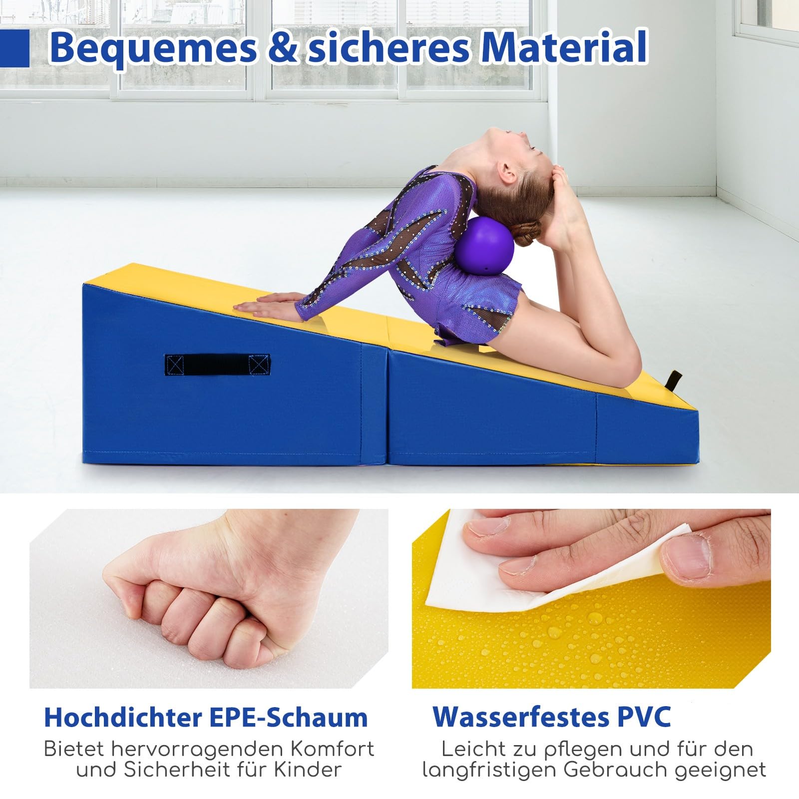 GYMAX Neigbare Gymnastikmatte faltbar, Schräge Gymnastikmatte mit Keilform & Tragegriff, Weichbodenmatte, Fitnessmatte, Trainingsmatte für Kinder& Erwachsene