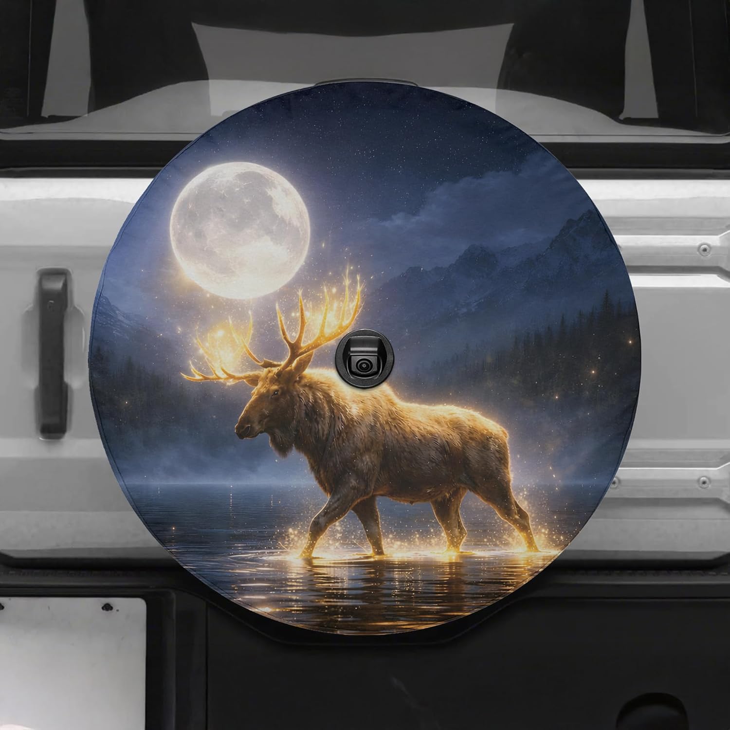 ThangPham Shop Moose Walking in Lake Full Moon Spare Tire Cover with/Without Backup Camera Hole – Nature Theme Tire Cover