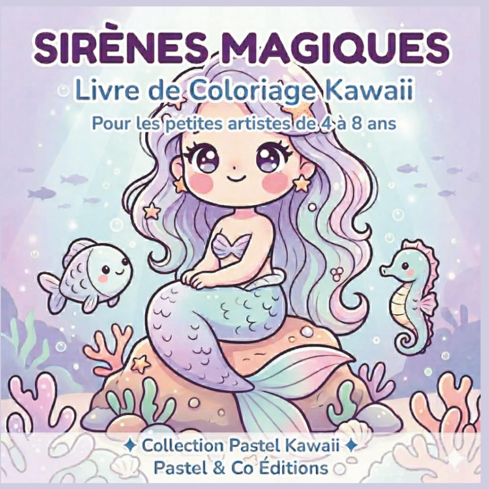 Sirènes Magiques - Livre de Coloriage Kawaii pour Enfants de 4 à 8 ans: 50 Dessins Kawaii à Colorier | Sirènes Mignonnes Grand Format | Pages Verso Noires | Cadeau Idéal Fille 4 5 6 7 8 ans