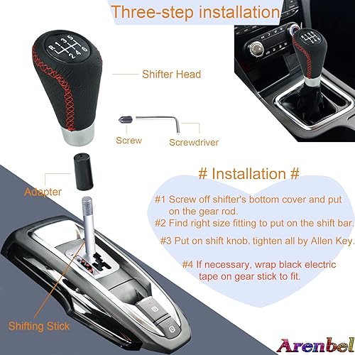 Miniatura 4 de Arenbel Pomo de palanca de cambios de 6 velocidades, mango de palanca de cambios de cuero para automóvil, repuesto para la mayoría de vehículos