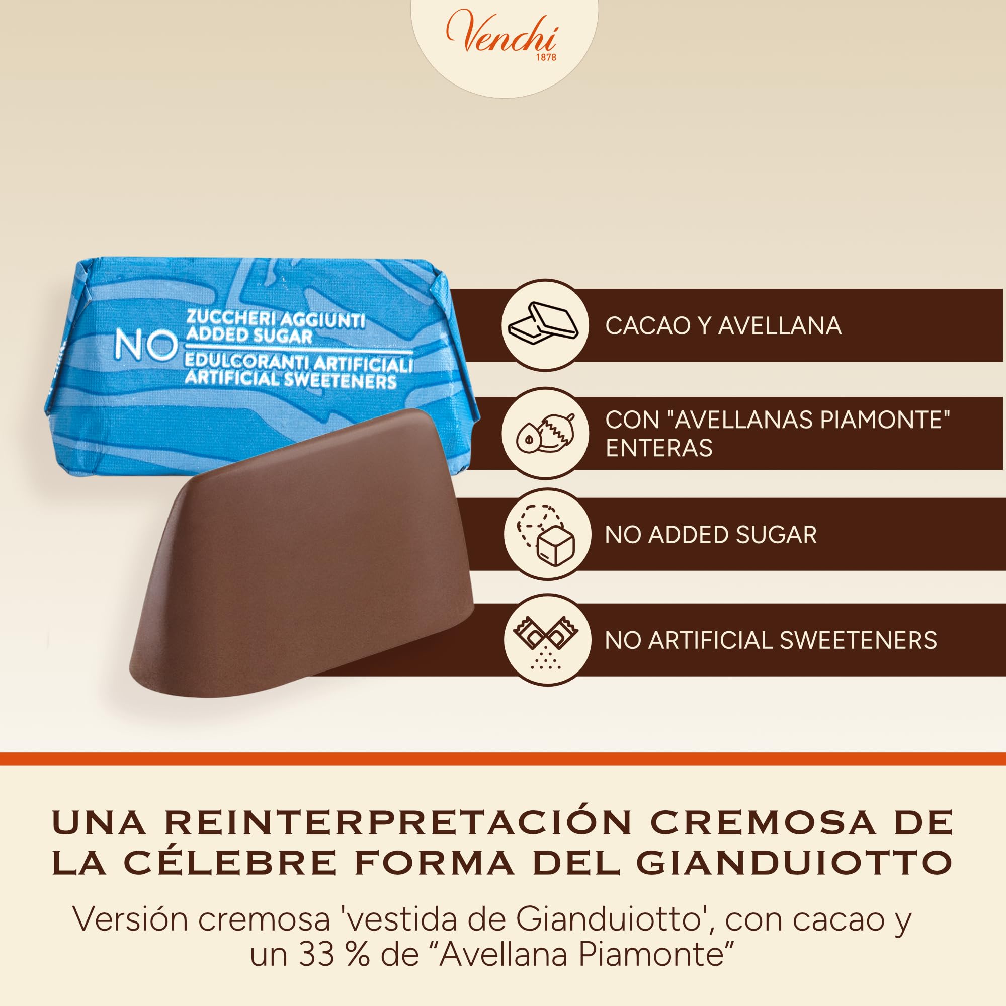 Venchi - Cacao y Avellana NO Added Sugar, 1 kg - Sin Edulcorantes Artificiales - Sin Gluten