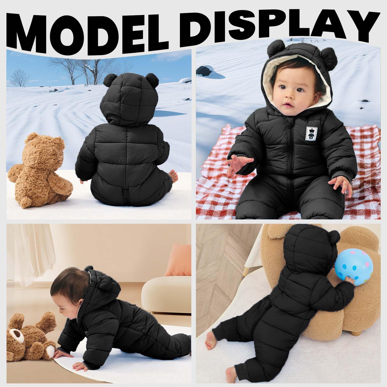 Bebé Invierno Mamelucos con Capucha, Niñas Niños Ropa Traje de Nieve Manga Larga Fleece Monos Outfits Peleles Calentar Abrigo Regalos 0-12 Meses