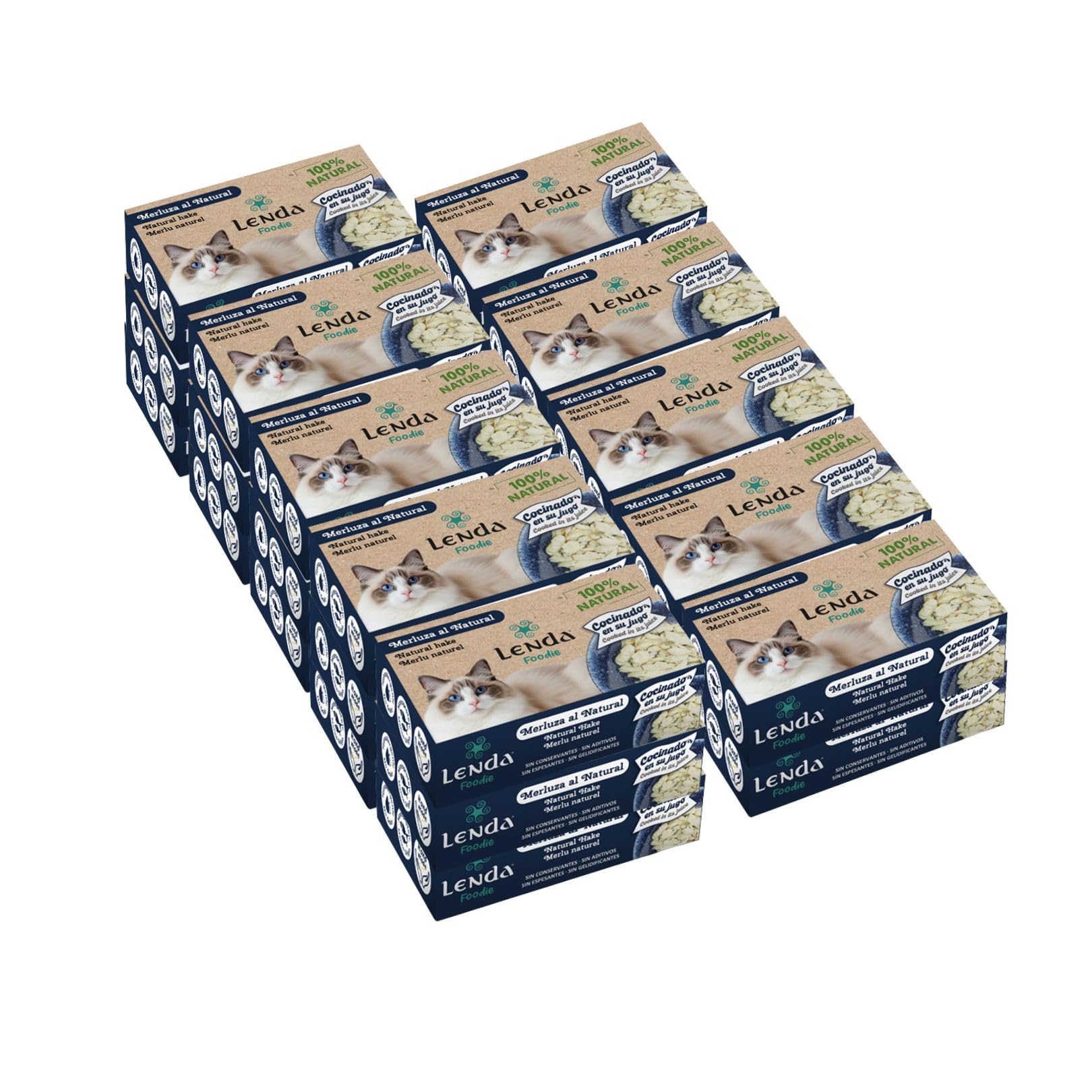 Lenda Foodie Cat - Pack 25 x 120gr Comida Humeda para Gatos Natural - Merluza al Natural - Adultos Jovenes y Senior - Alimento para Gatos Esterilizados en Caldo - Hipoalergenica y Sin Cereales