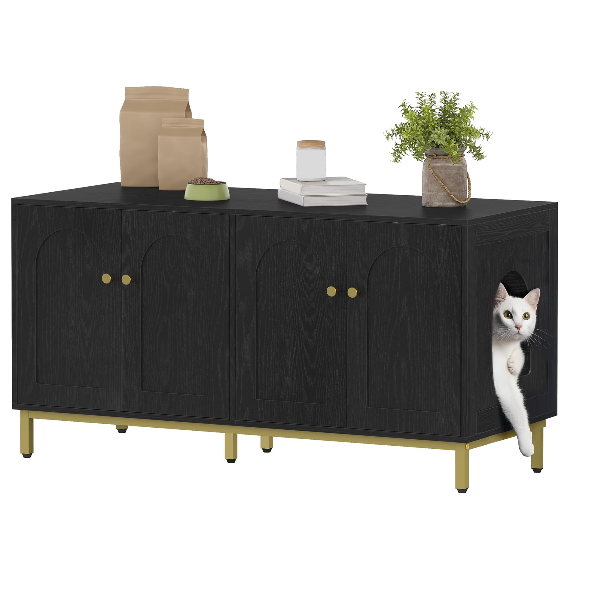 Hzuaneri Maison de Toilette Chat pour 2 Chats, Meuble de Litière Caché de 119cm, Banc de Rangement, Convient à la Plupart des Litières por, Noir et Or CB82304A