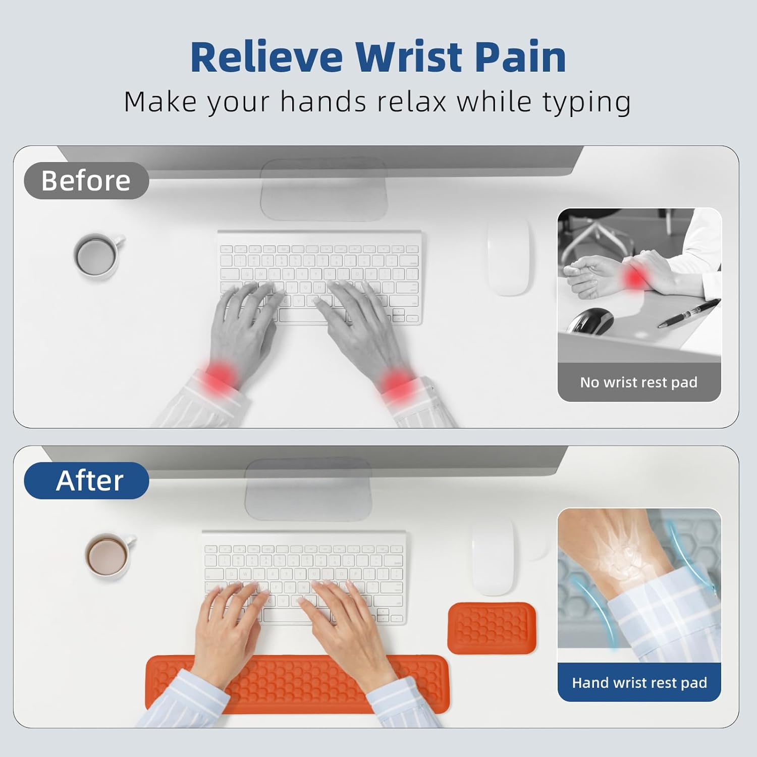 Keyboard Mouse Wrist Rest Pad, Comfort Memory Foam Wrist Rest with Non-Slip Silicone Base Leather Surface, Ergonomic Keyboard Mouse Wrist Support for Typing Pain Relief (Hermes Orange)