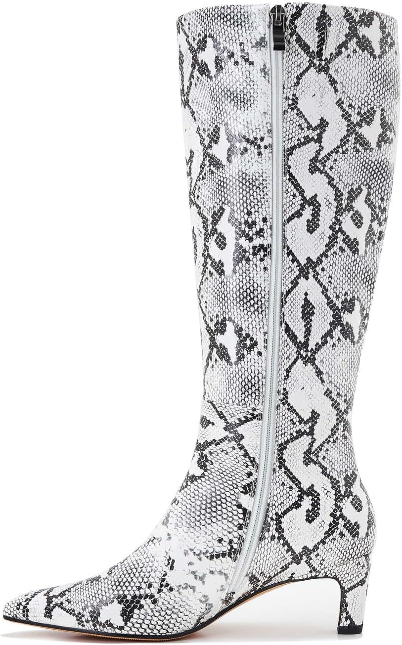 Wide Calf Plus Size Snakeskin Knee High Boots for Women – White Snake Print Dress Boots with Kitten Heel, Stylish Party & Fall Fashion Shoes