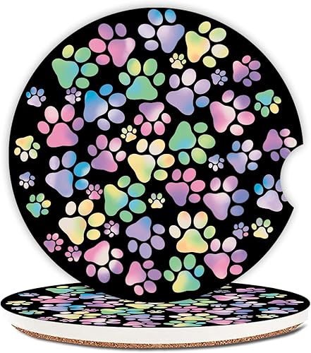 Paquete de 2 posavasos absorbentes para portavasos de automóvil, posavasos de cerámica con estampado de patas de perro de colores degradados con