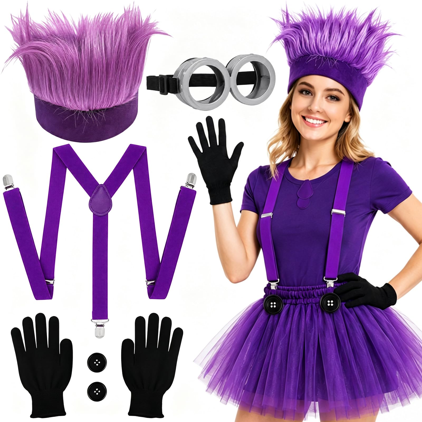 Halloween Costumes, 6 PCS Set with Wig Gloves Suspenders Goggles and Button