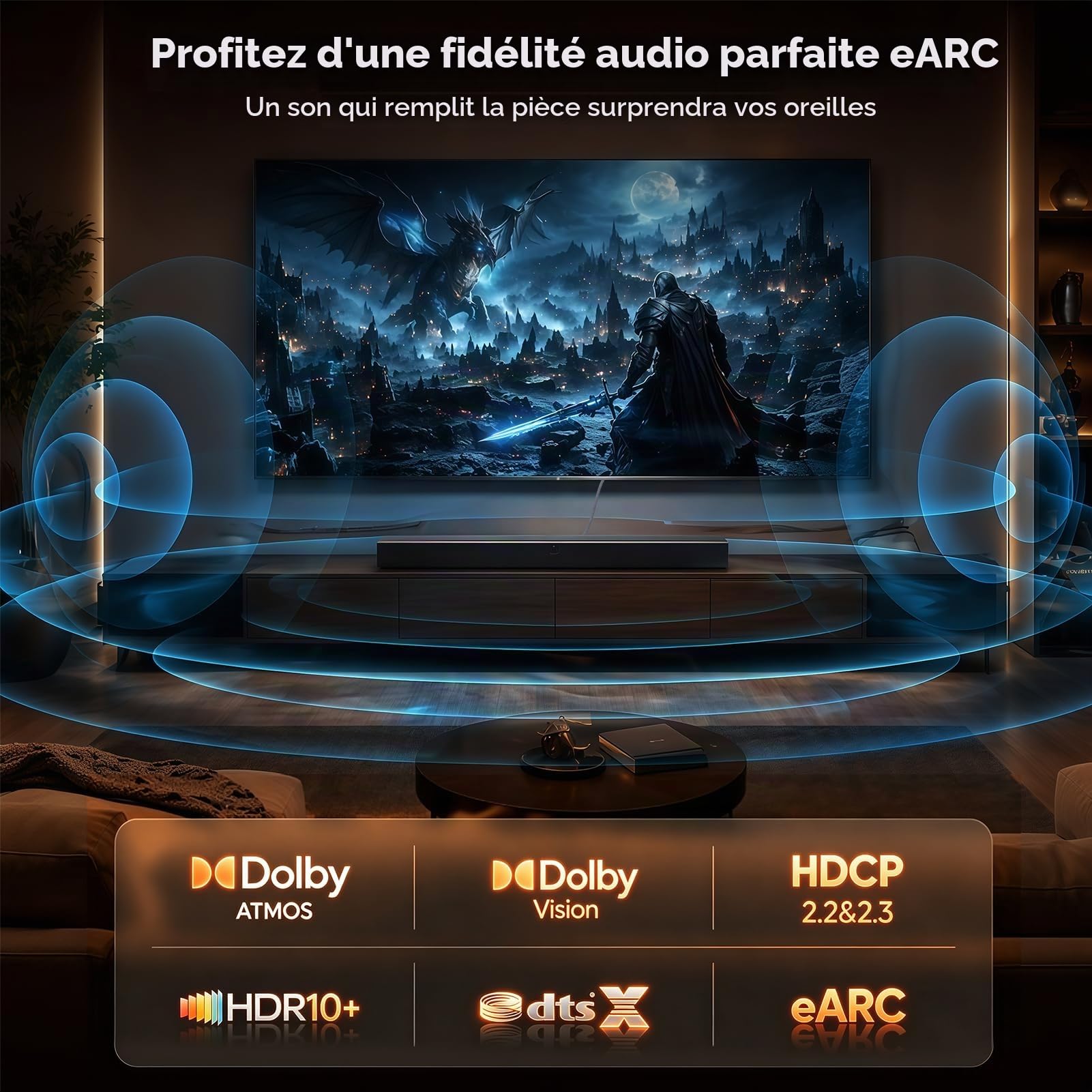 Câble HDMI ARC/eARC 8K pour barre de son vers TV 1,1 m, câble HDMI eARC 2.1 48 Gbps ultra haut débit Dolby Atmos 8K @ 60 Hz, 4K @ 120 Hz HDR 3D HDCP2.3 et 2.3 pour barre de son Vizio Sono