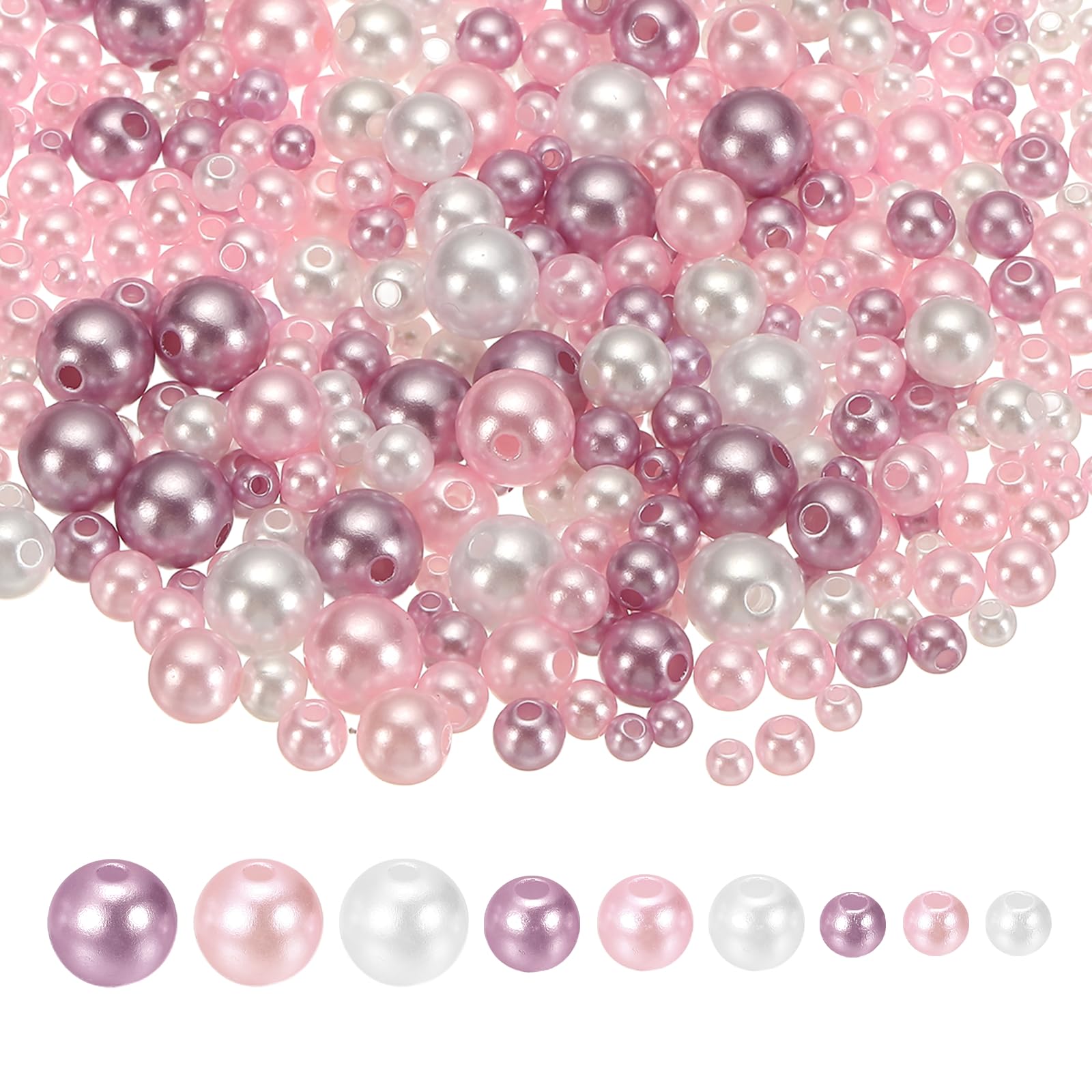 sourcing map 1064PCS Pearl Beads for Jewelry Making, 4/5/6/8/10mm Small Round Pearl Beads with Holes for Craft Bracelet Necklaces Vase Filler, Purple/Pink Colors