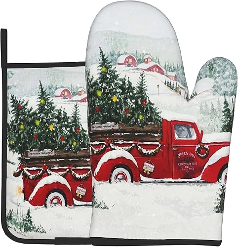 Juego de manoplas de horno de camión rojo de Navidad, antideslizantes, resistentes al calor, guantes de cocina lavables para horno de cocina, para