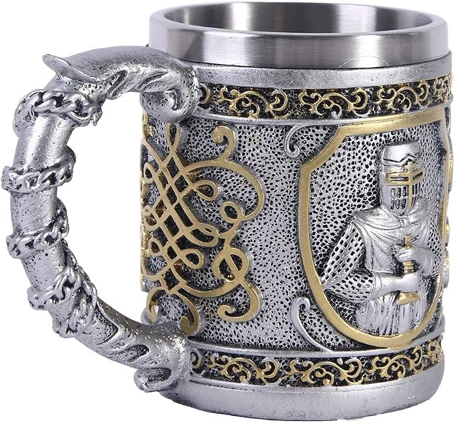 VOANZO Medieval Templar Crusader Knight Mug 12oz Suit of Armor Knight Of The Cross Beer Stein Tankard Coffee Cup With Handle