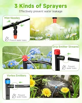 124FT Drip Irrigation System with LCD Timer, Automatic Watering System Kits,5/16 Inch Hose 1/4 Inch Distribution Tubing 3 Sprayer Types, for Garden, Greenhouse, Garden, Lawn