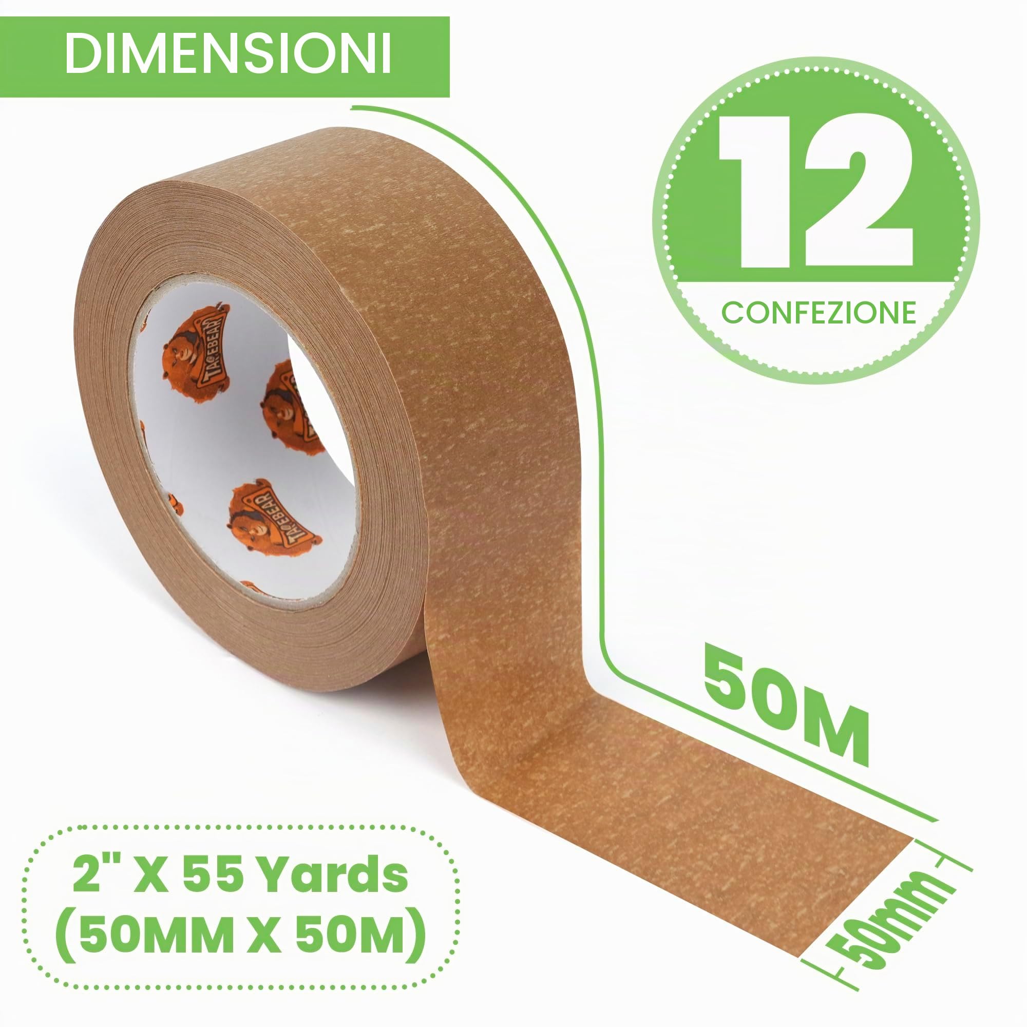 TAPEBEAR Nastro di Carta per Imballaggio 50m x 50mm, 12Rotoli Riciclata Nastro Adesivo Marrone, Ecologico Nastro Adesivo Pacchi per Scatole, Scatoloni e Cartoni, Trasloco e Spedizioni