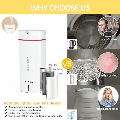 Miniatura 3 de Hervidor eléctrico de viaje, hervidor eléctrico portátil, de acero inoxidable de 11.8 fl oz con protección contra hervir en seco y hervir rápido,