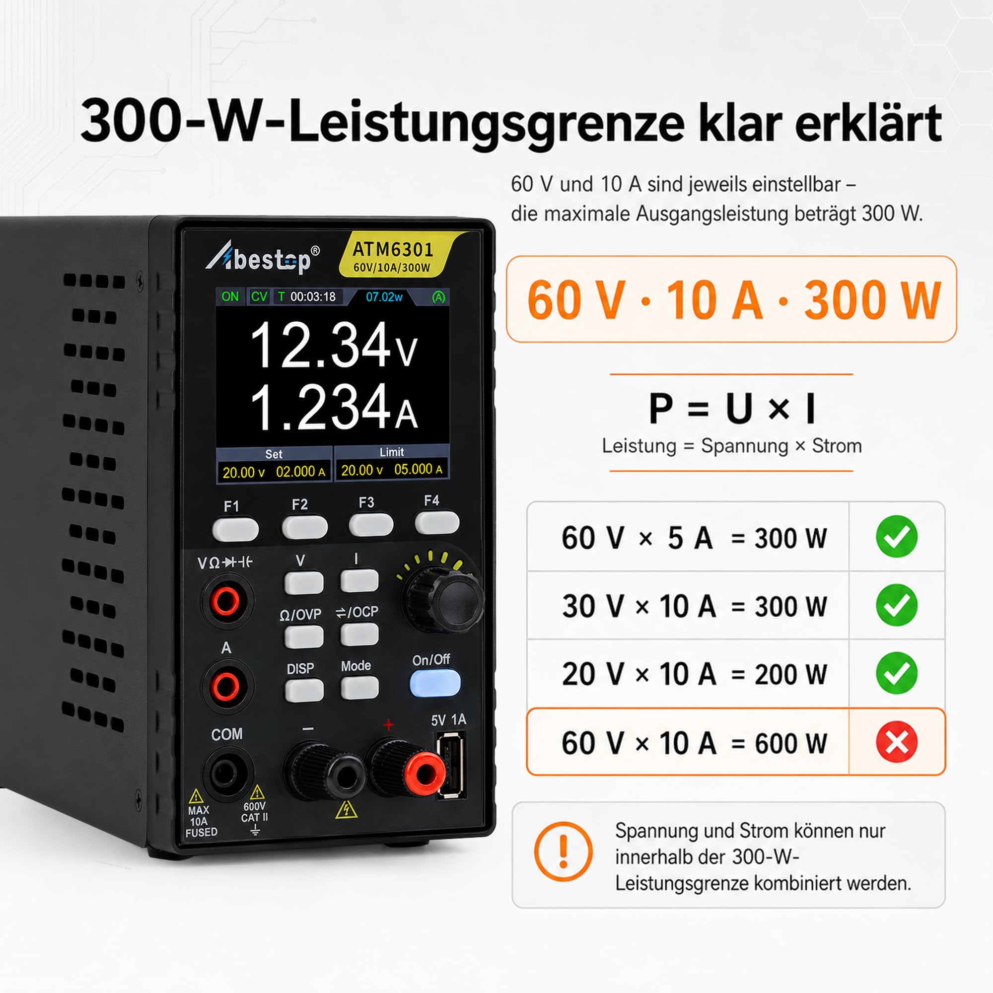 ATM6301 Fonctions 2 en 1 Alimentation CC + Multimètre 0-60V/0-10A/300W Plusieurs Fonctions de Protection avec 2,8 Pouces LCD Charge USB
