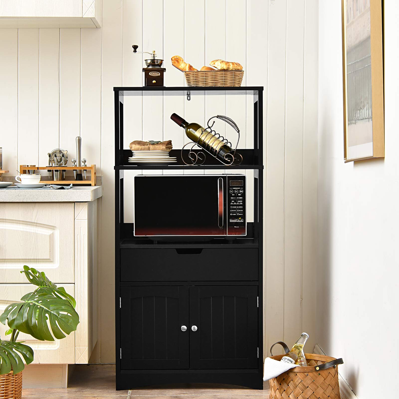 GYMAX Mobiletto da Cucina, con Cassetto e Ripiani Aperti, Mobile Armadietto Salvaspazio, per Bagno, Ingresso, Soggiorno,60 x 32 x 122 cm (Nero)