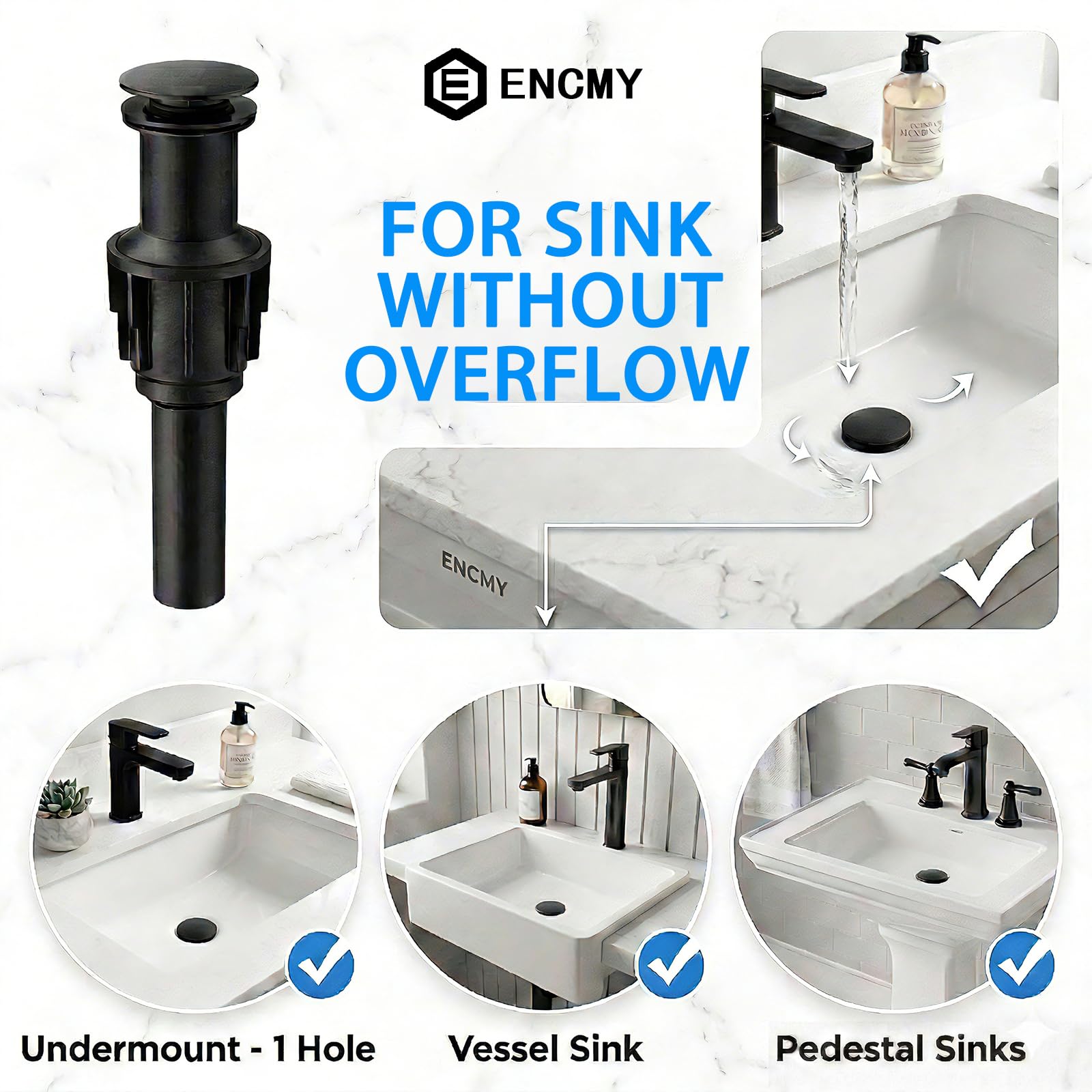 Bathroom Sink Drain Without Overflow- Matte Black Pop up Drain for Bathroom Vanity Vessel Sink Drain Stopper - Anti-clog Pop-up Plastic Drain with Hair Catcher Strainer — view 7