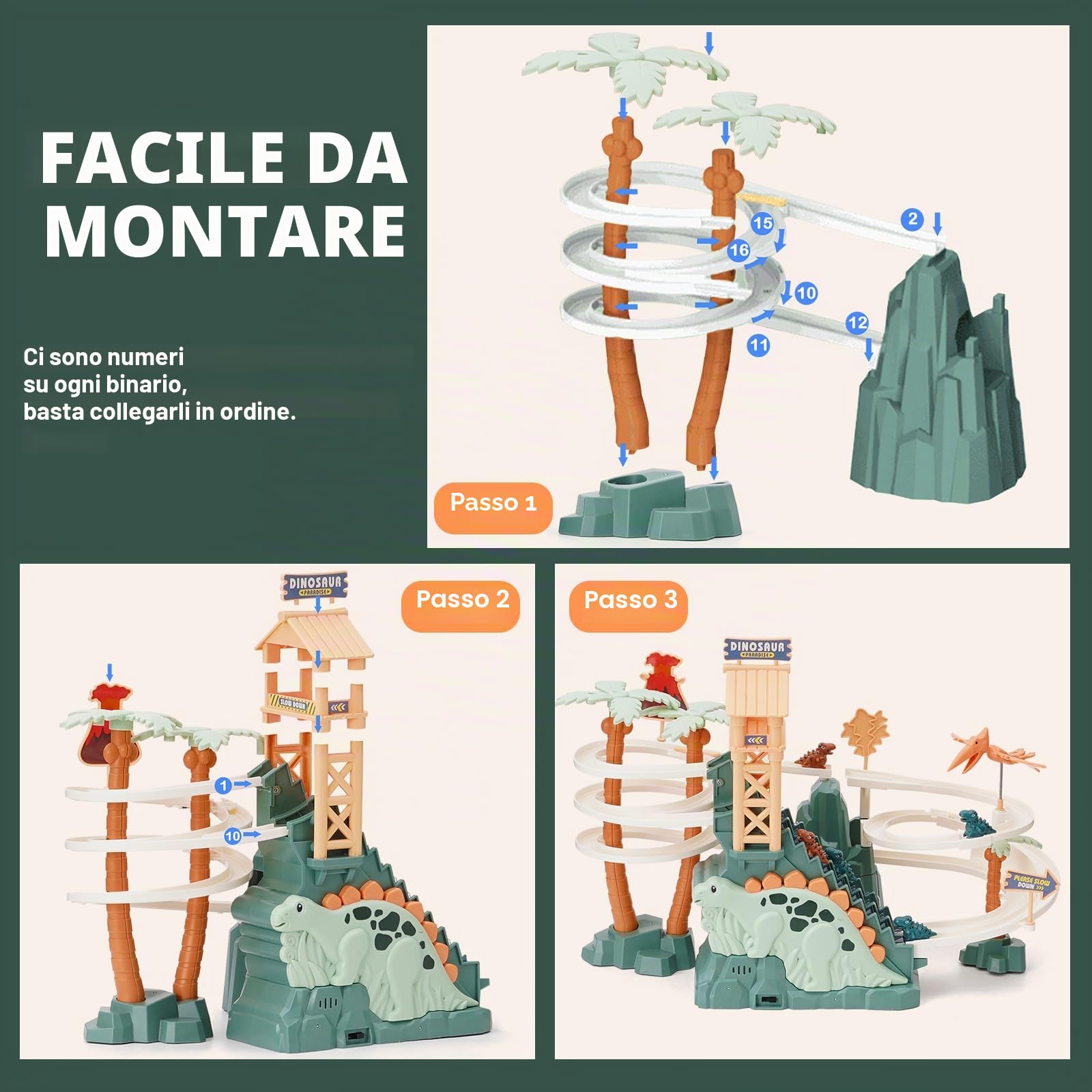 Pista da Corsa Giocattolo Dinosauro Arrampicata Scale Giocattolo Doppio Loop Scivolo per Bambini con Musica Luce Intelligenza Puzzle Educativo Playset per Bambini Ragazzi Ragazze