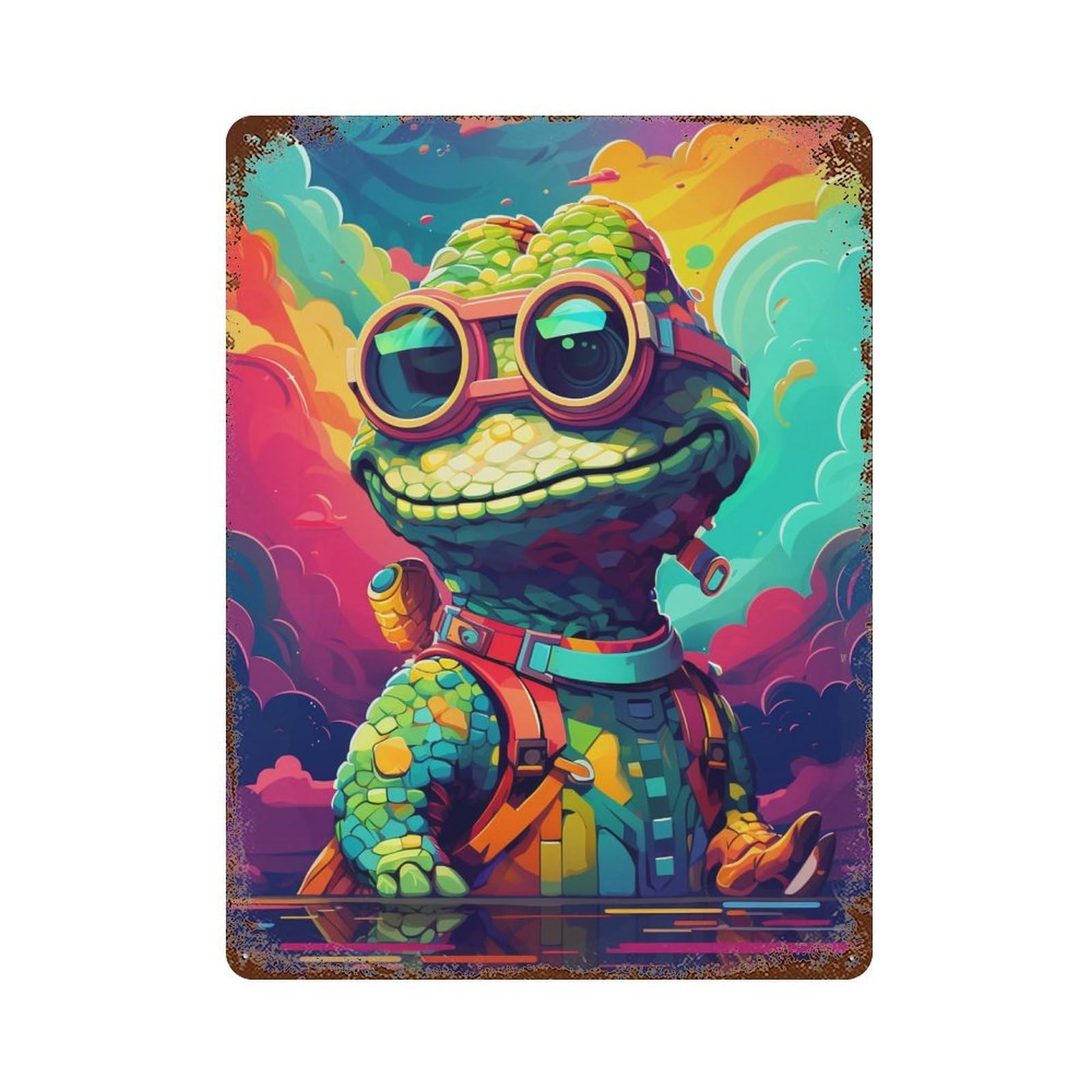 Colorful Lizard Adventure Rusty Metal Tin Sign 15.7"x11.8", Rustic Home Decor for Garage, Pub Or Kitchen