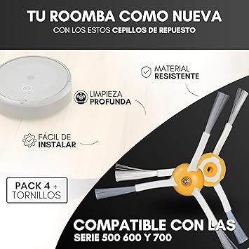 Pack de 4 Cepillos Laterales y 4 Tornillos de Repuesto para Roomba Serie 500, 600, 700 y 800- Kit de Accesorios de Recambio para Aspiradora Robot - Compatible con Roomba (Series 500, 600 y 700)1