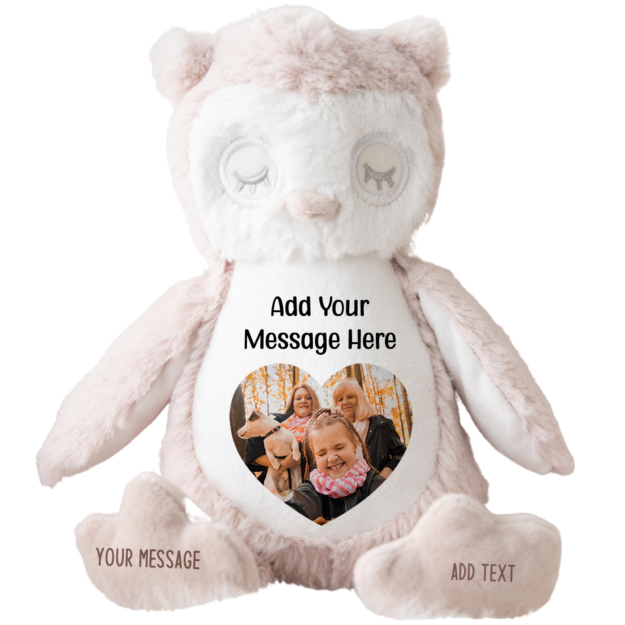 Personalised Photo Teddy Bear – Add Photo on Front & Text on Feet | 28 Styles | Custom Keepsake Gift for Baby, Sympathy, Birthday & More (Brown Owl Teddy Bear)