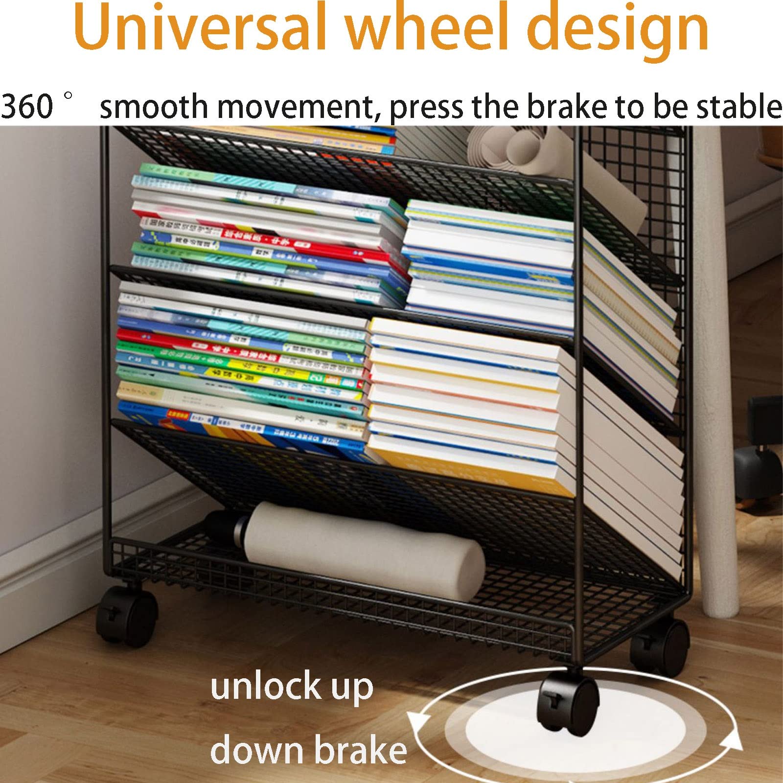 Scaffale portaoggetti laterale da scrivania, carrello con ruote, ampio tavolo con laminati inclinati, facile accesso ai libri, per camera da letto, soggiorno, aula
