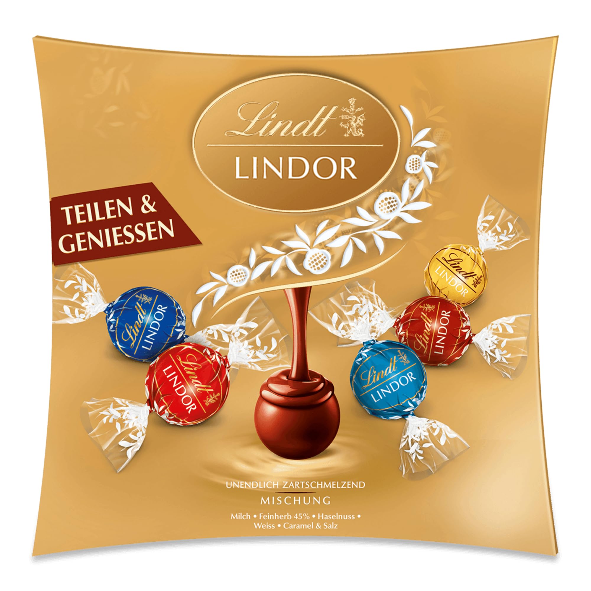 Lindt Schokolade LINDOR Sharing | 250 g | Kugeln mit zartschmelzender Füllung in den Sorten Milch, Feinherb 45 %, Weiß, Salted Caramel und Haselnuss | Schokoladen- | Pralinen-Geschenk