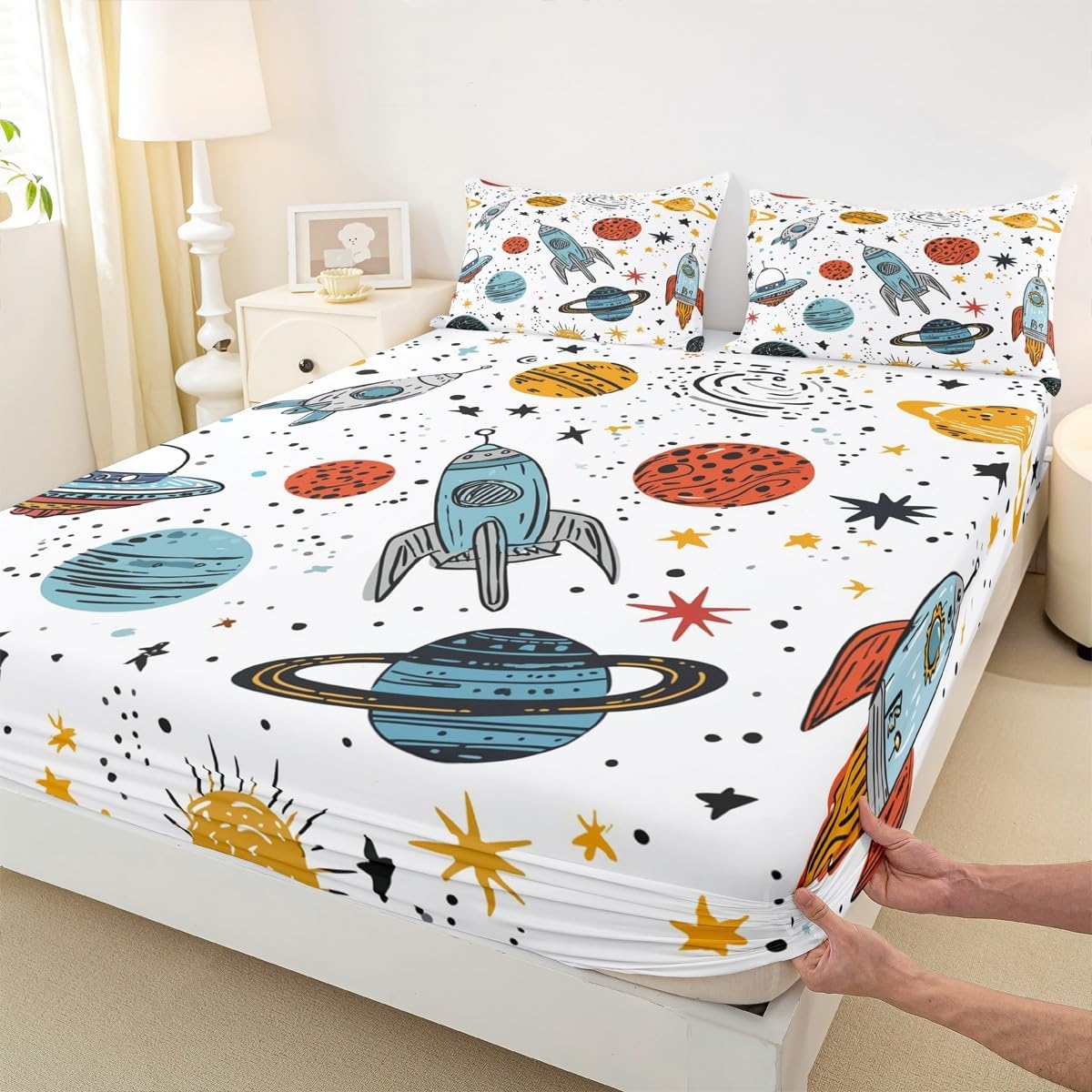 Outer Space Rocket Fitted Sheet Galaxy Bedding Sets for Kids Boys Girl Cartoon Fitted Bed Sheets Universe Starry Sky Fitted Sheet Full Size Cosmos Blue Orange White Decor Fitted Sheet,Colorful