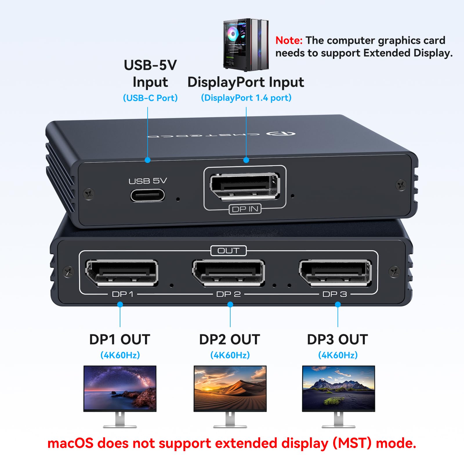 VEDINDUST Répartiteur DisplayPort 1 entrée 3 Sorties Convertisseur vidéo DisplayPort 1.4 DP vers DP 4K@60Hz supporte Les Modes MST et SST Affichage étendu MST pour Windows Uniquement
