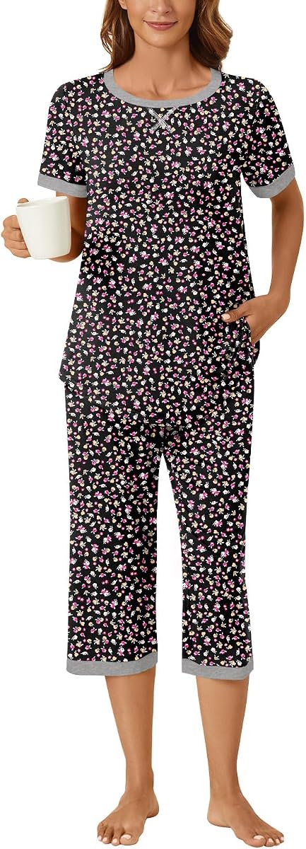 Bestbee Womens Pajama Set, 2 Piece Lounge Outfit Sleepwear Set Crew Neck T-Shirt Capri Pant With Pockets Ladies Pjs