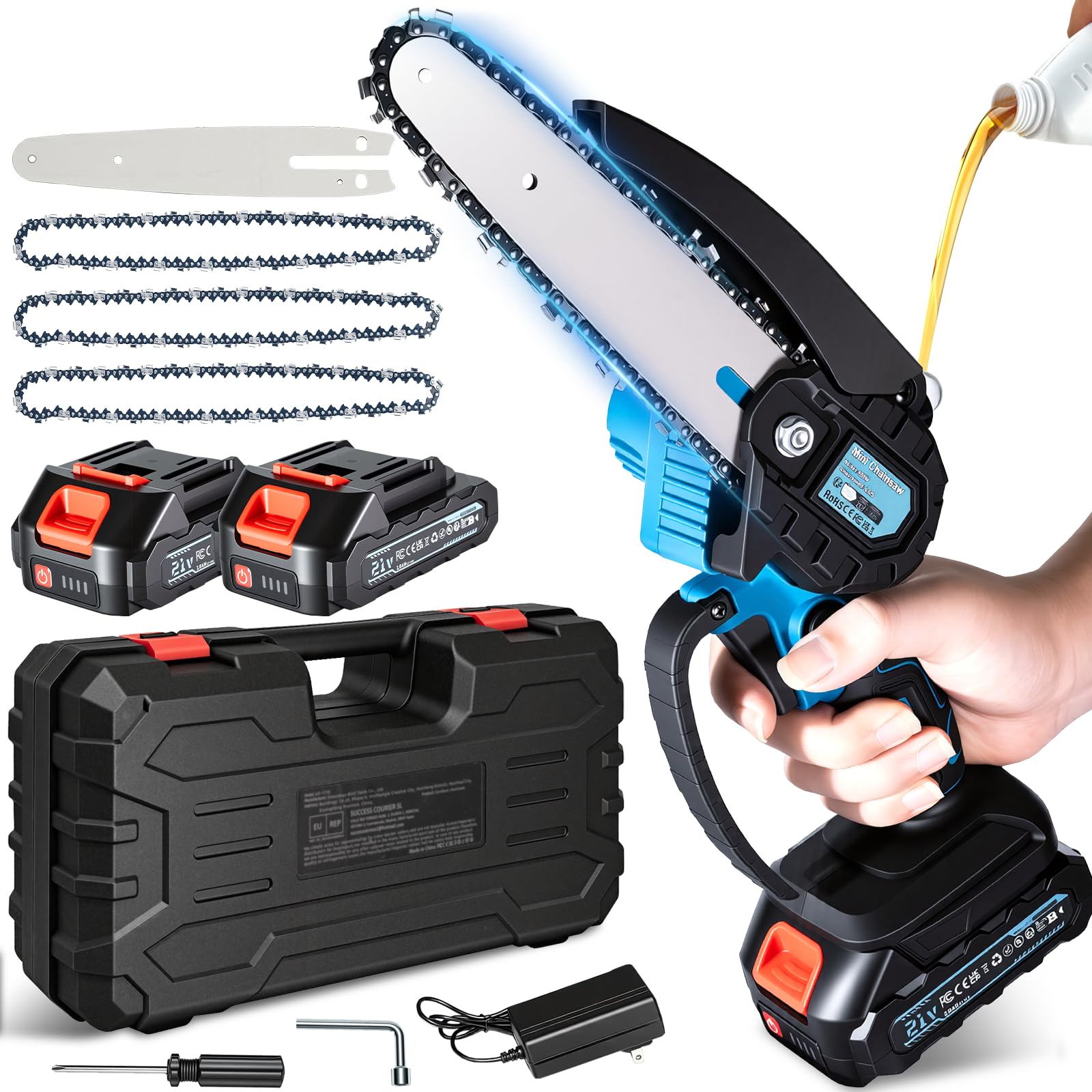 Mini motosega con batteria da 4000 mAh, 6 pollici, mini motosega elettrica con olio automatico e batteria da 2 × 2000 mAh, batteria per cesoie da giardino, potatura potatura (blu)