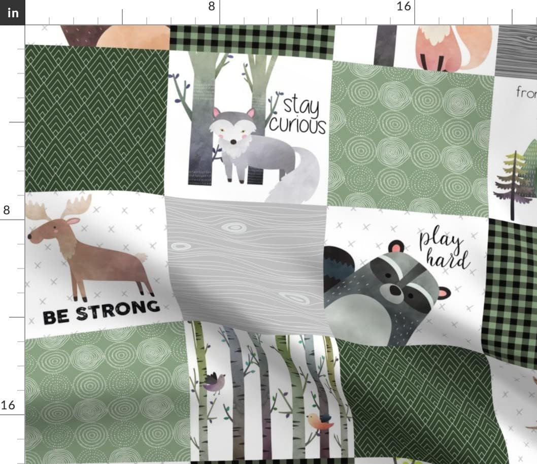Spoonflower Fabric - Woodland Animals Forest Cheater Quilt Bear Fox Moose Wholecloth Green Printed on Cotton Poplin Fabric by The Yard - Sewing Shirting Quilting Dresses Apparel Crafts