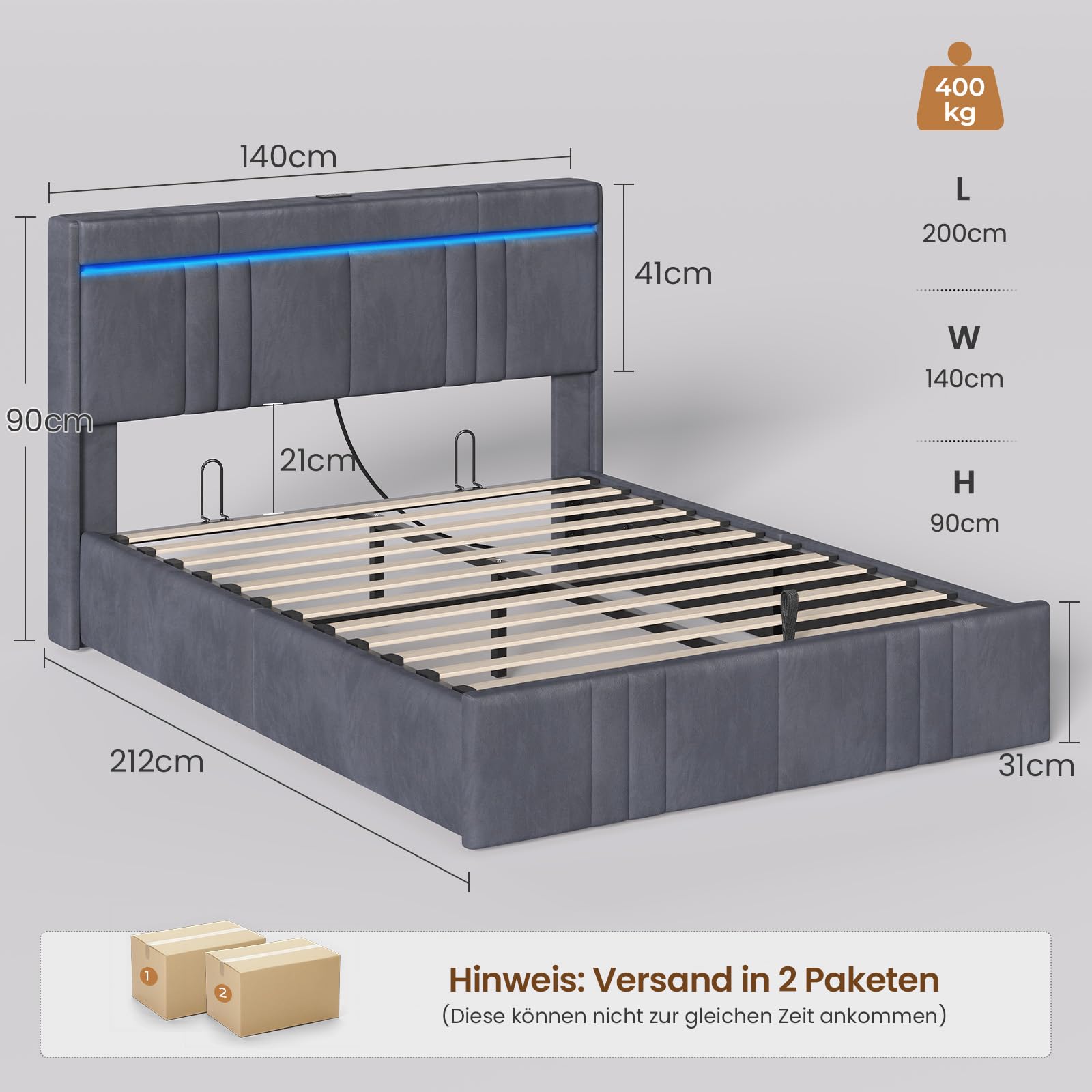 AOGLLATI Letto Matrimoniale con Contenitore 140x200 Letto Contenitore Matrimoniale Con LED Letto Contenitore Idraulico con Stazione Di Ricarica Struttura Letto con Testiera Imbottita Velluto Grigio