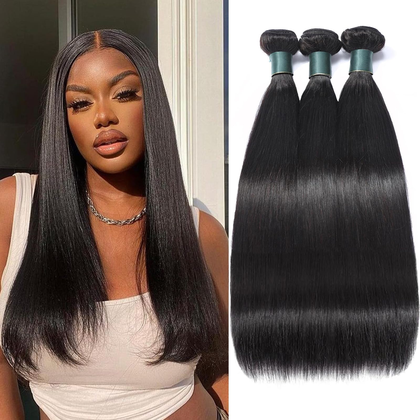Great Grace Brazilian Straight Bundles Human Hair 14 16 18 Inch 12A 100% Unprocessed Virgin Human Hair Weave 3 Bundles Deals Natural Black Color (Natural Balck 3 Bundles, 14 16 18)