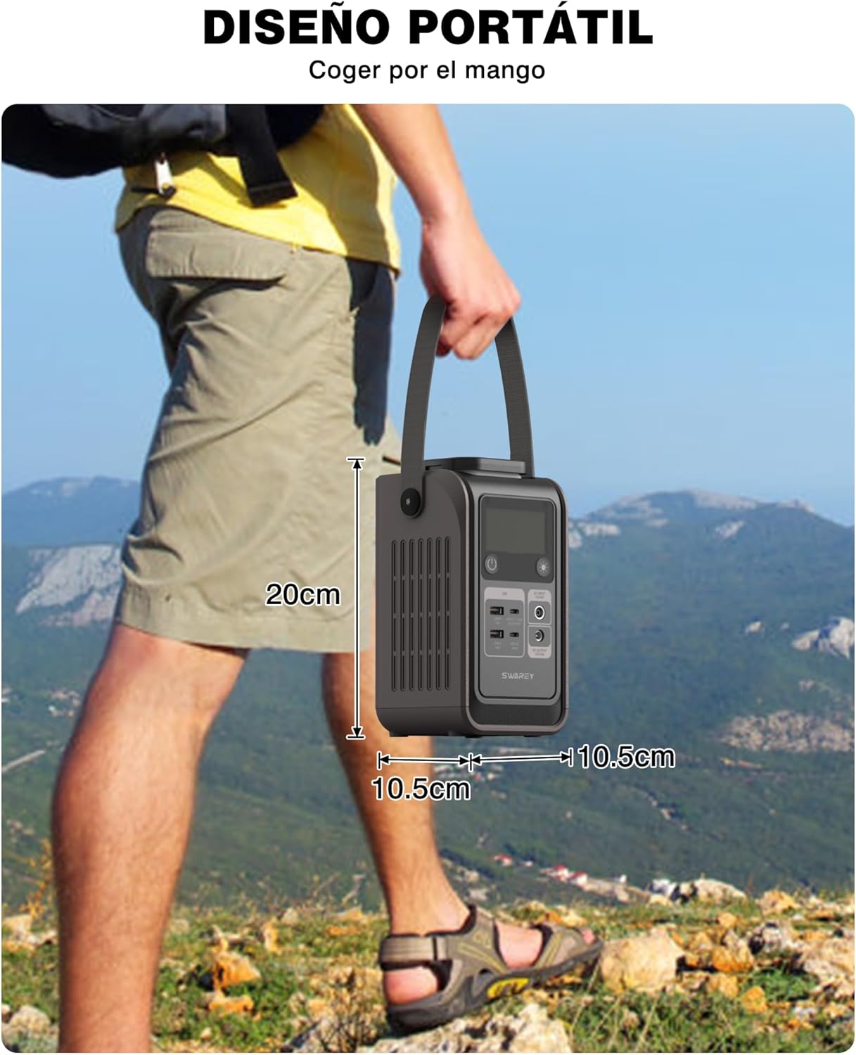 Vista lateral de estación de energía con puertos y batería incorporada